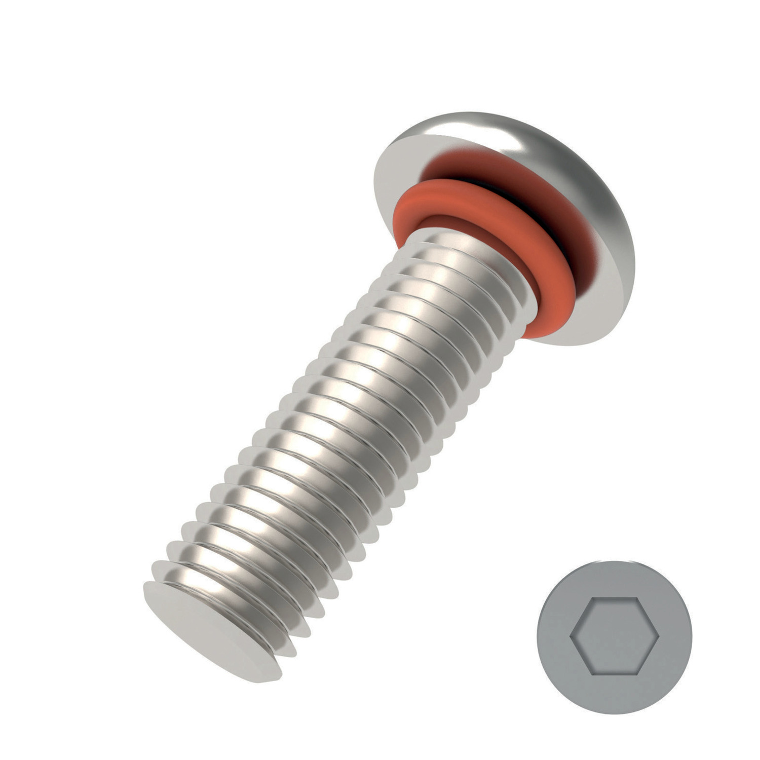 silver coloured button head sealing screw with red sealing ring and thread under head and all the way down the shaft of  the screw